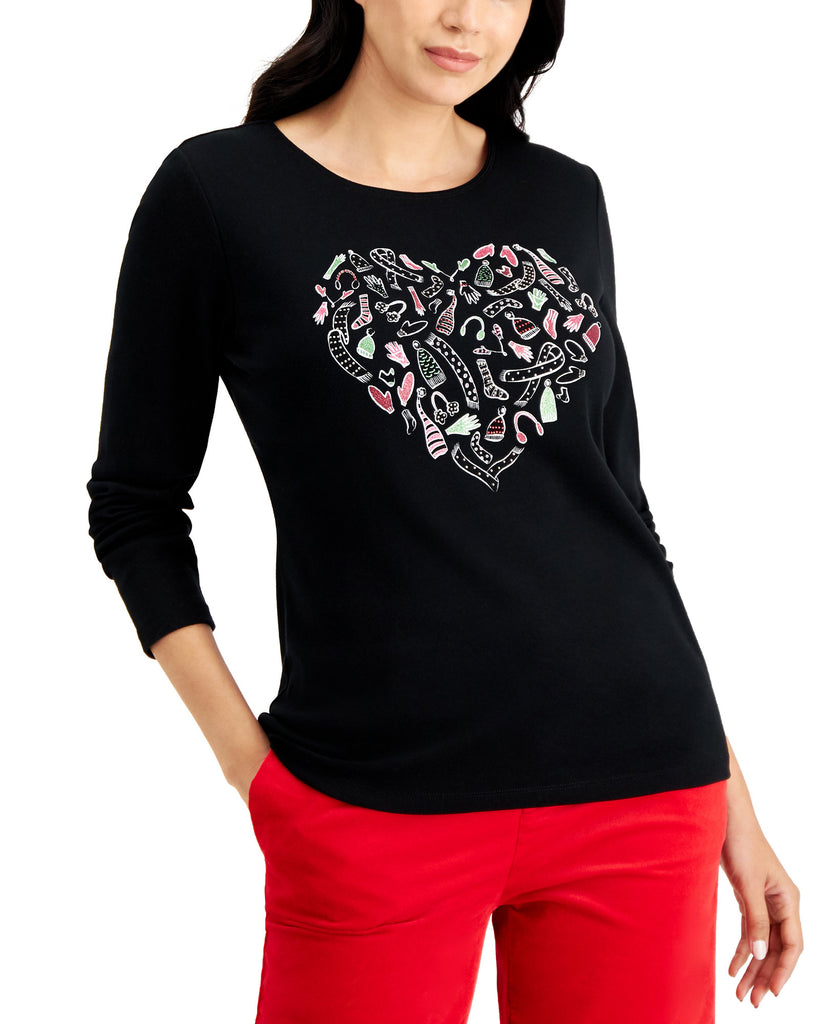 Karen Scott Women Embellished Heart Top Deep Black