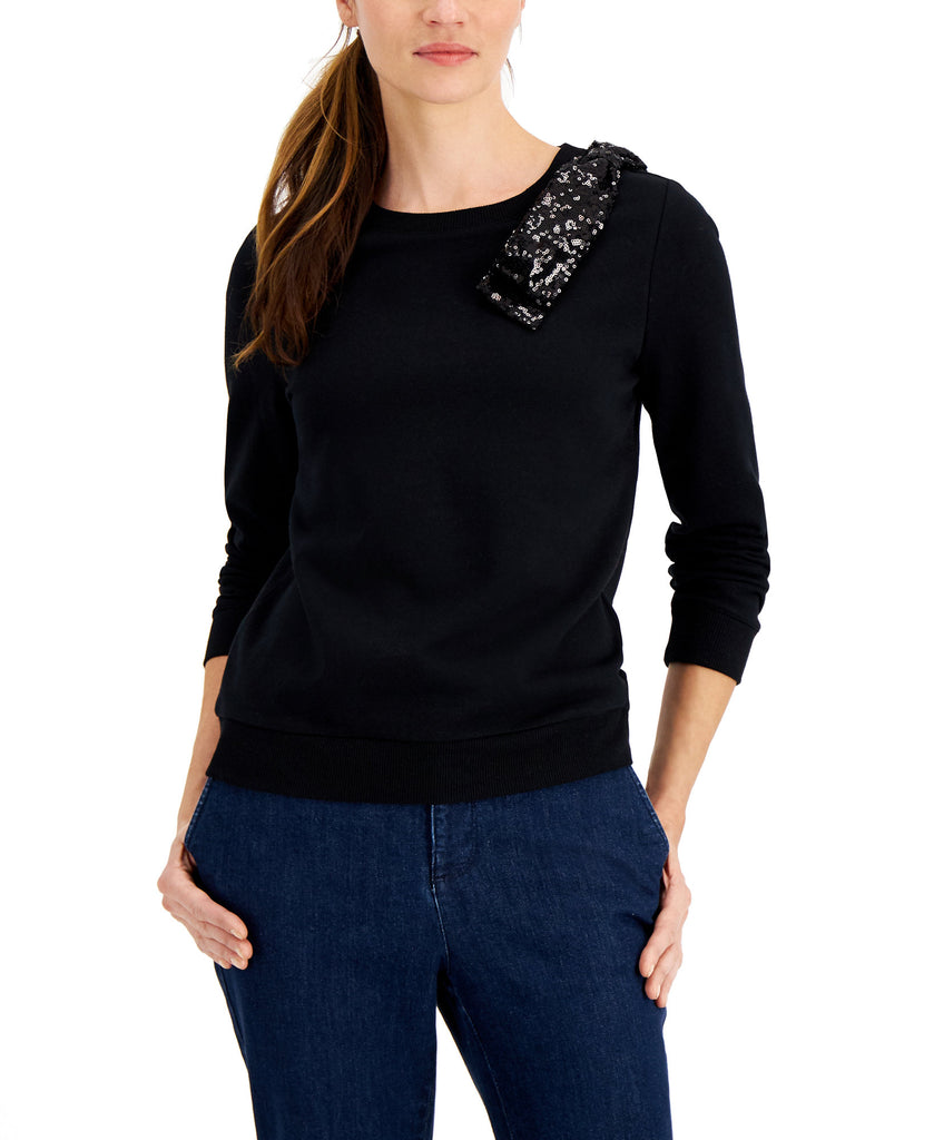 Charter-Club-Women-Sequined-Bow-Long-Sleeve-Top-Deep-Black