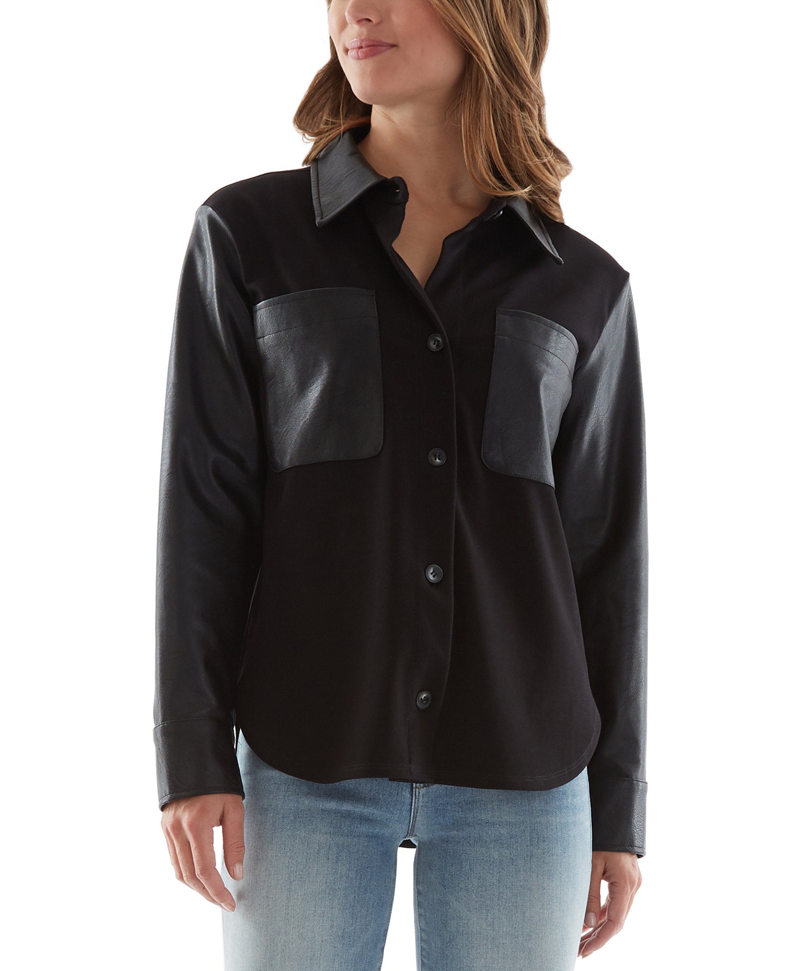 BCX Women Faux Leather Detail Collared Shirt Black