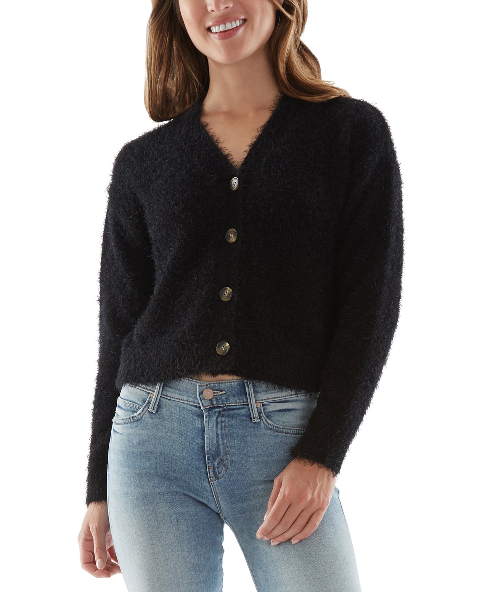 BCX Women Fuzzy Cardigan Cropped Top Black