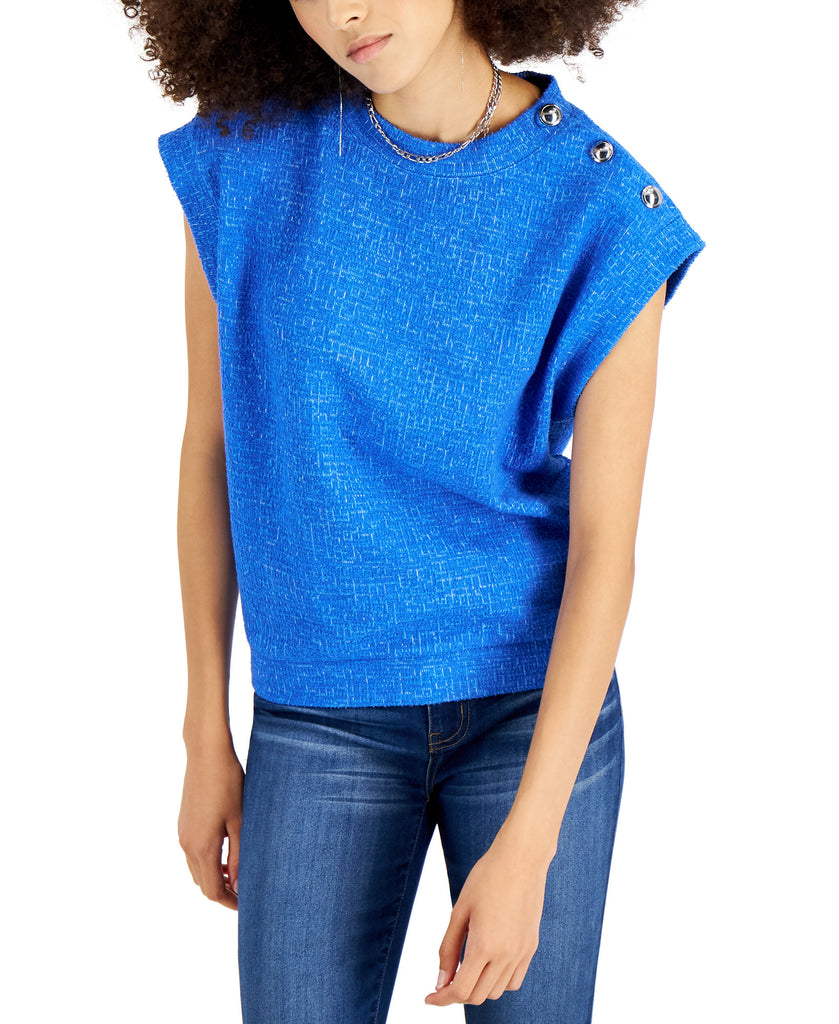 INC International Concepts Women Tweed Button Trim Top Cosmic Cobalt