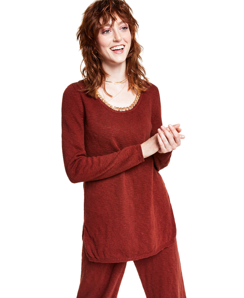 INC International Concepts Women Chain Embellished Tunic Pullover Sweater Deep Sienna