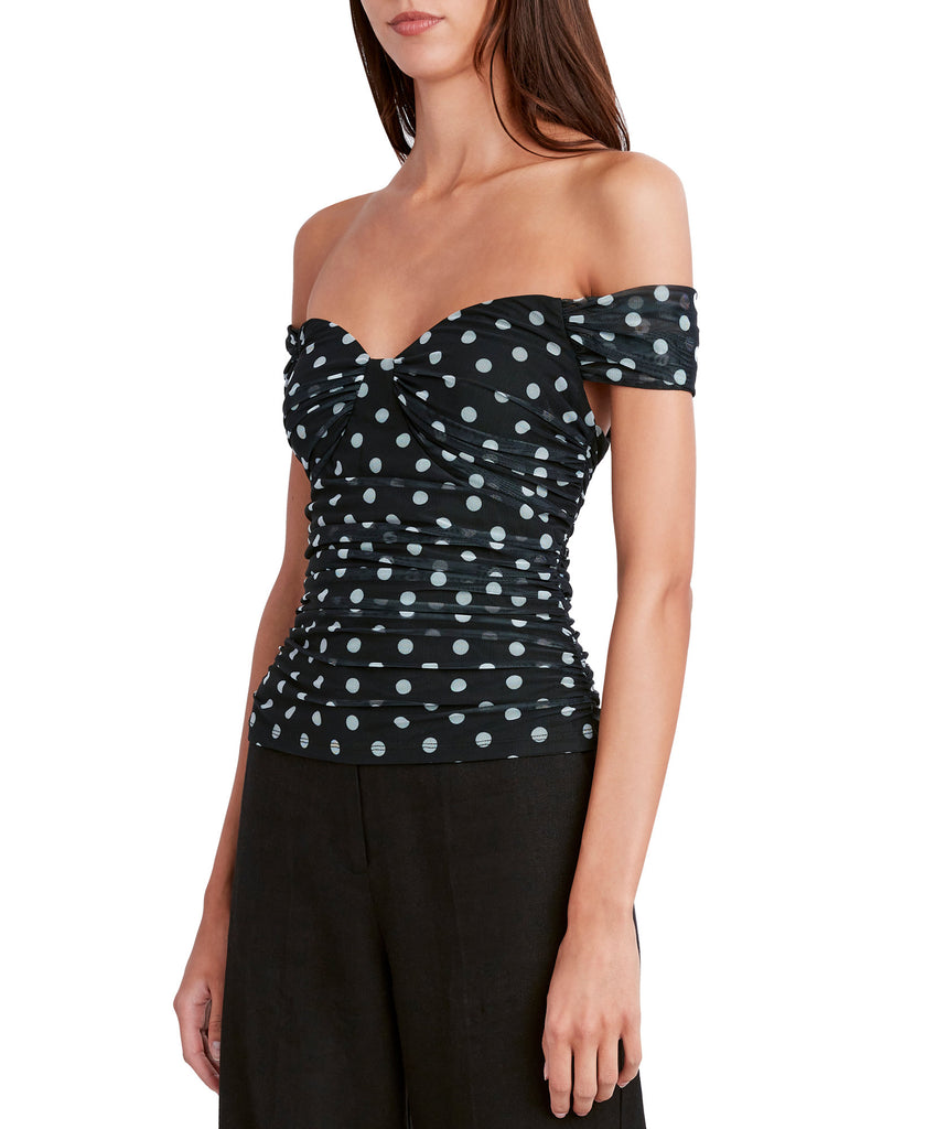 BCBGMAXAZRIA Women Sweetheart Off The Shoulder Mesh Dot Blouse Black Combo