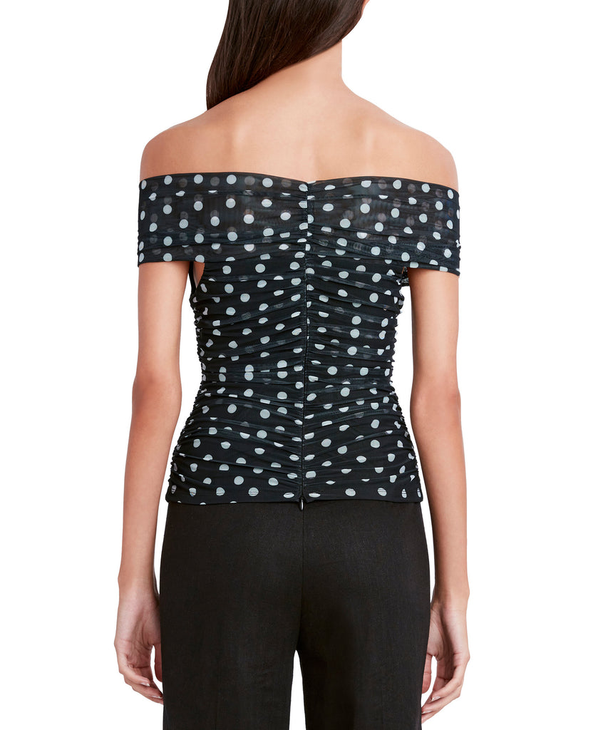 BCBGMAXAZRIA Women Sweetheart Off The Shoulder Mesh Dot Blouse