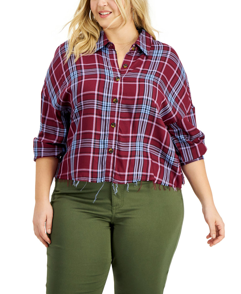 Love, Fire Women Plus Raw Hem Plaid Button Down Top Burgundy Plaid