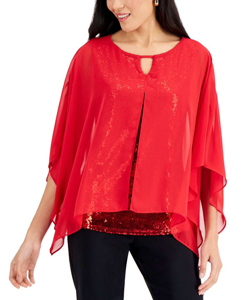 JM Collection Women Petite Mesh Sequin Top Real Red
