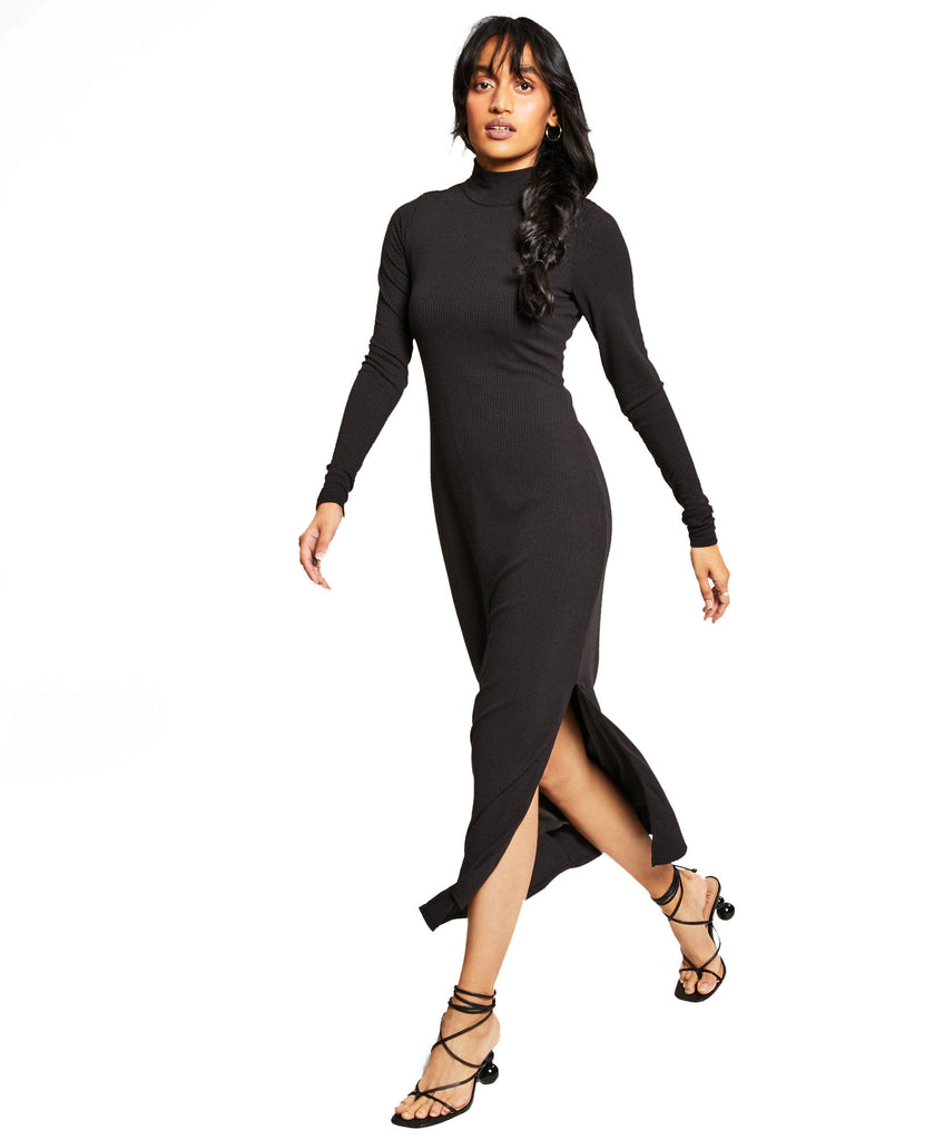 And Now This Women Ribbed High Neck Midi Dress Black