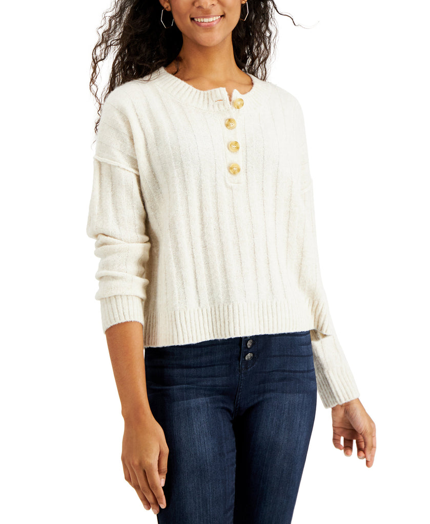 Hippie Rose Women Ribbed Henley Sweater Heather Oatmeal