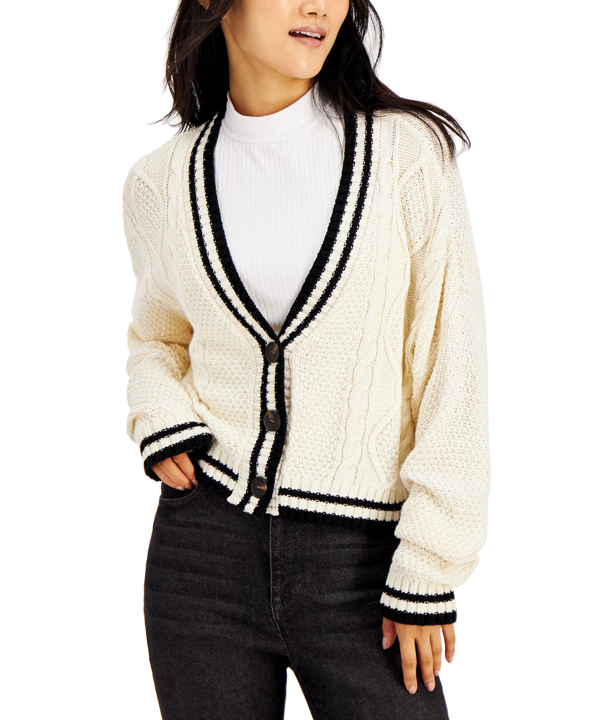 Hooked Up by IOT Women Varsity Cable Knit Cardigan Cream w Black