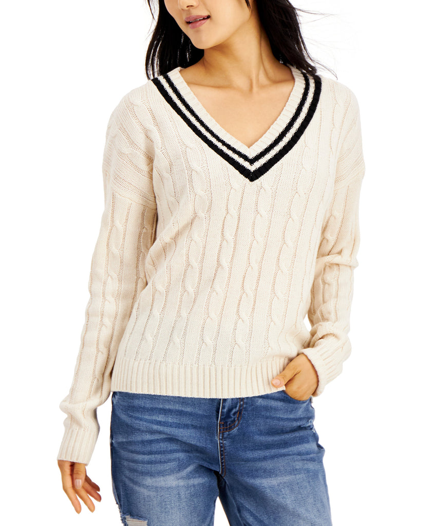 Hooked Up by IOT Women Varsity Cable Knit Sweater White