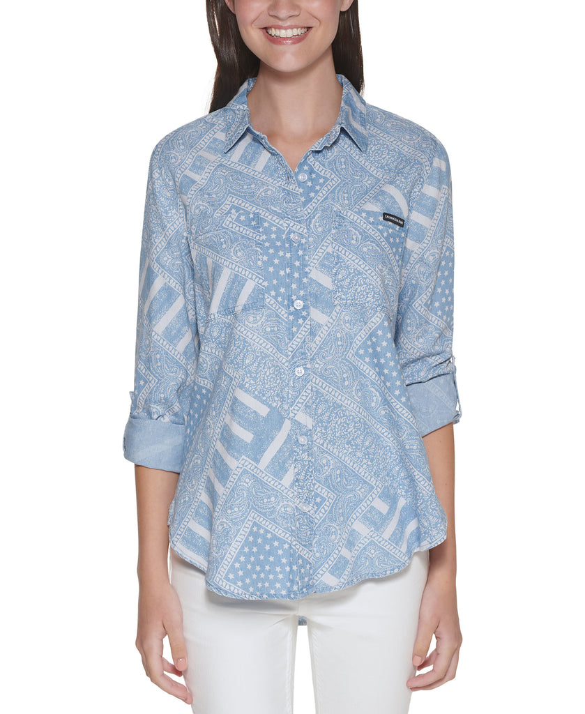 Calvin Klein Jeans Women Bandana Print Roll Tab Shirt Chambray