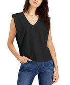 INC International Concepts Women Strong Shoulder V Neck T Shirt Deep Black