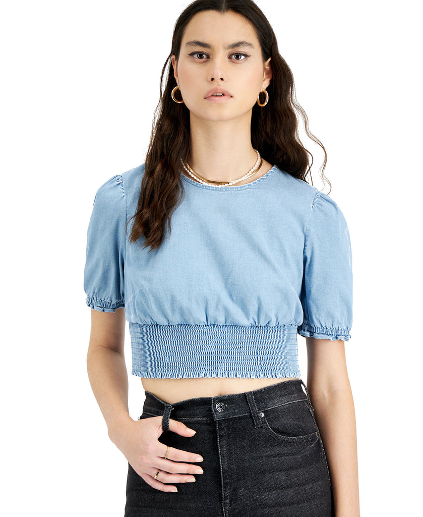 Bar III Women Chambray Puff Sleeve Top Chambray