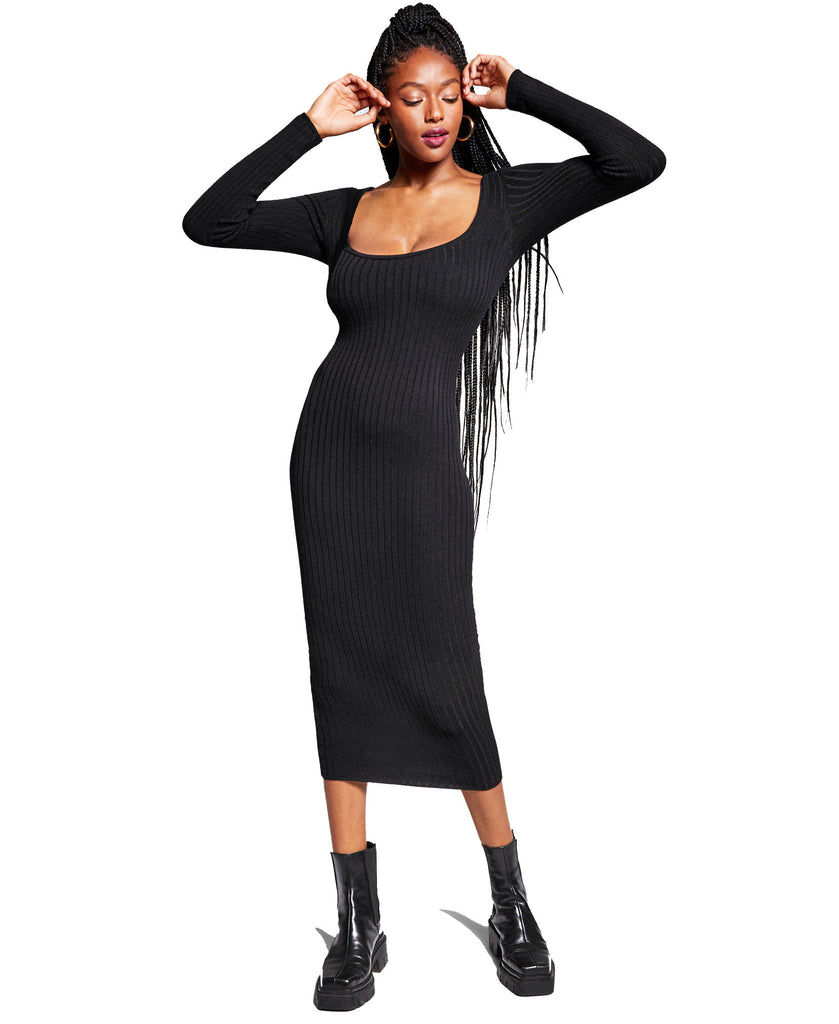 INC International Concepts Women Jeannie Mai x Selena Ribbed Bodycon Dress Deep Black