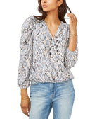 Sam & Jess Women Surplice Puff Sleeve Top Blue Snakeskin