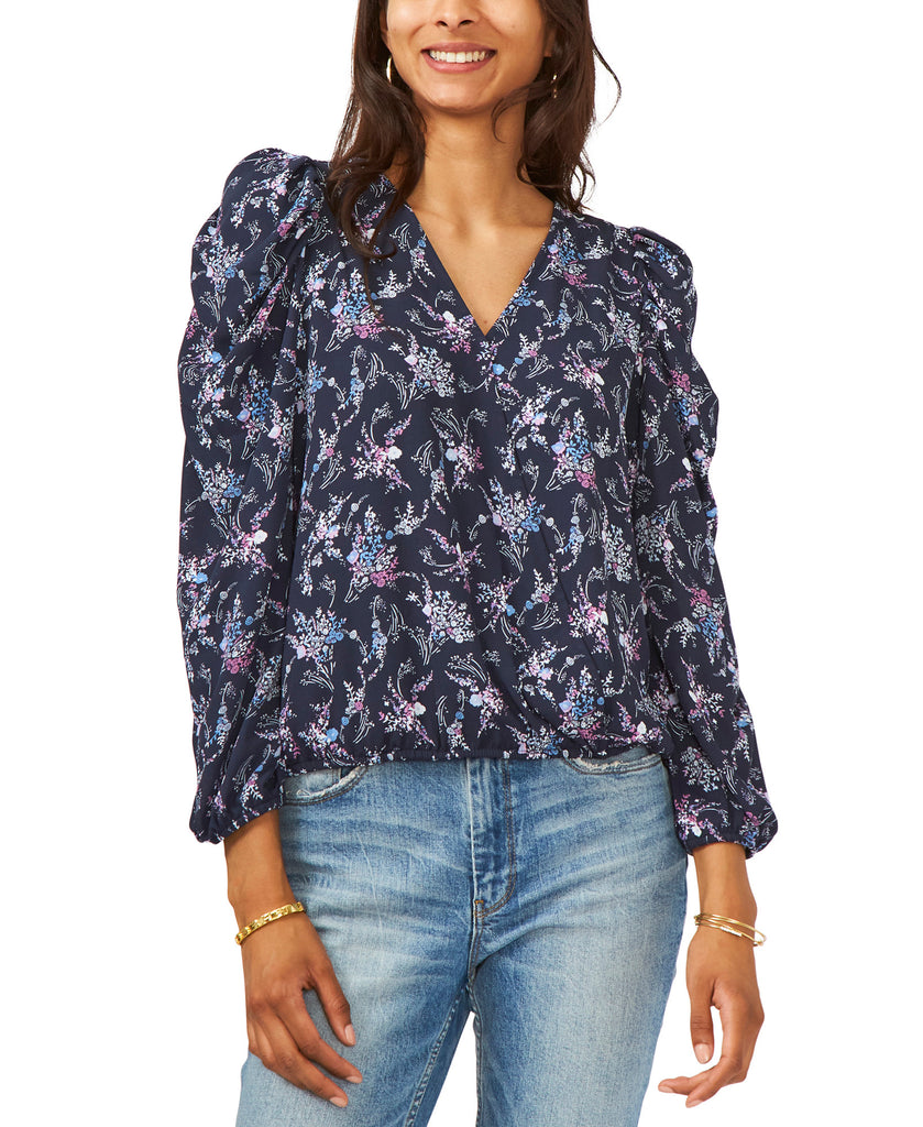 Sam & Jess Women Surplice Puff Sleeve Top Blue Black Floral