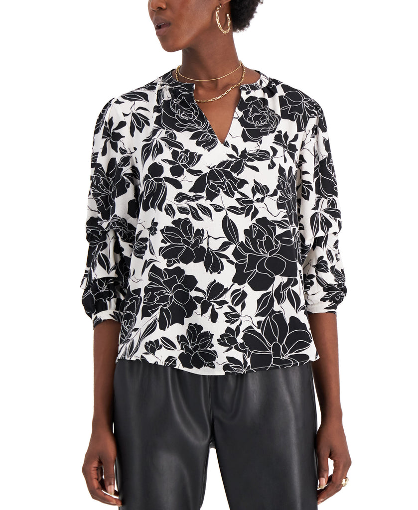 Willow Drive Women Printed Split Neck Top Black Floral