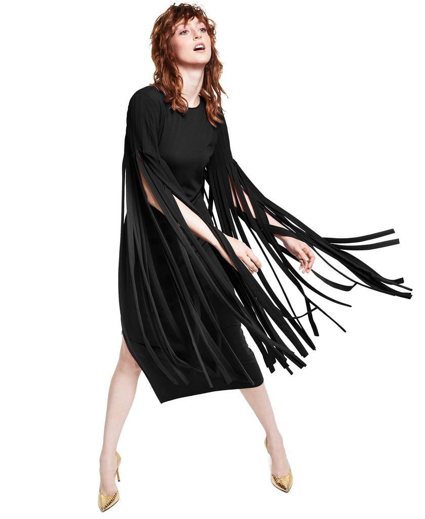 INC International Concepts Women Petite Ponté Knit Fringed Dress Deep Black