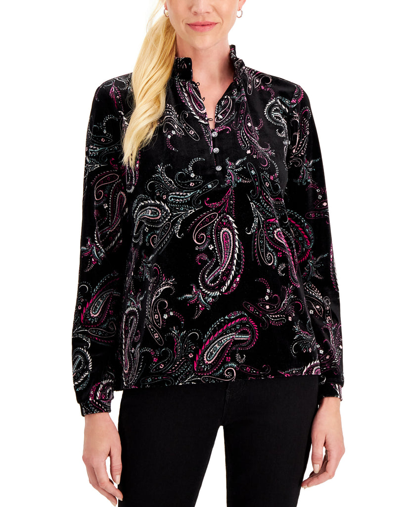 Charter Club Women Velvet Paisley Print Blouse Deep Black Combo