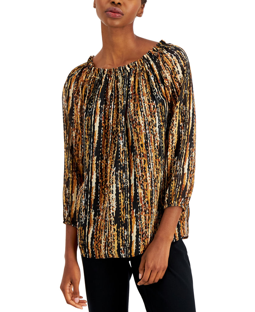 Nine West Women Foil Printed 3 4 Sleeve Blouse Tan Combo