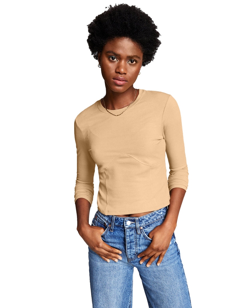 And Now This Women Corset Long Sleeve Knit Top Camel Brown