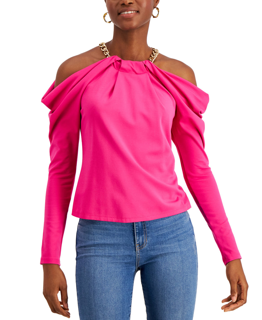 INC International Concepts Women Petite Cold Shoulder Chain Top Pink Tutu