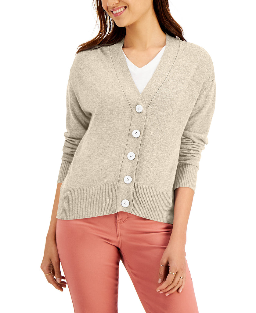 Style & Co Women Cropped V Neck Cardigan Natural Ivory