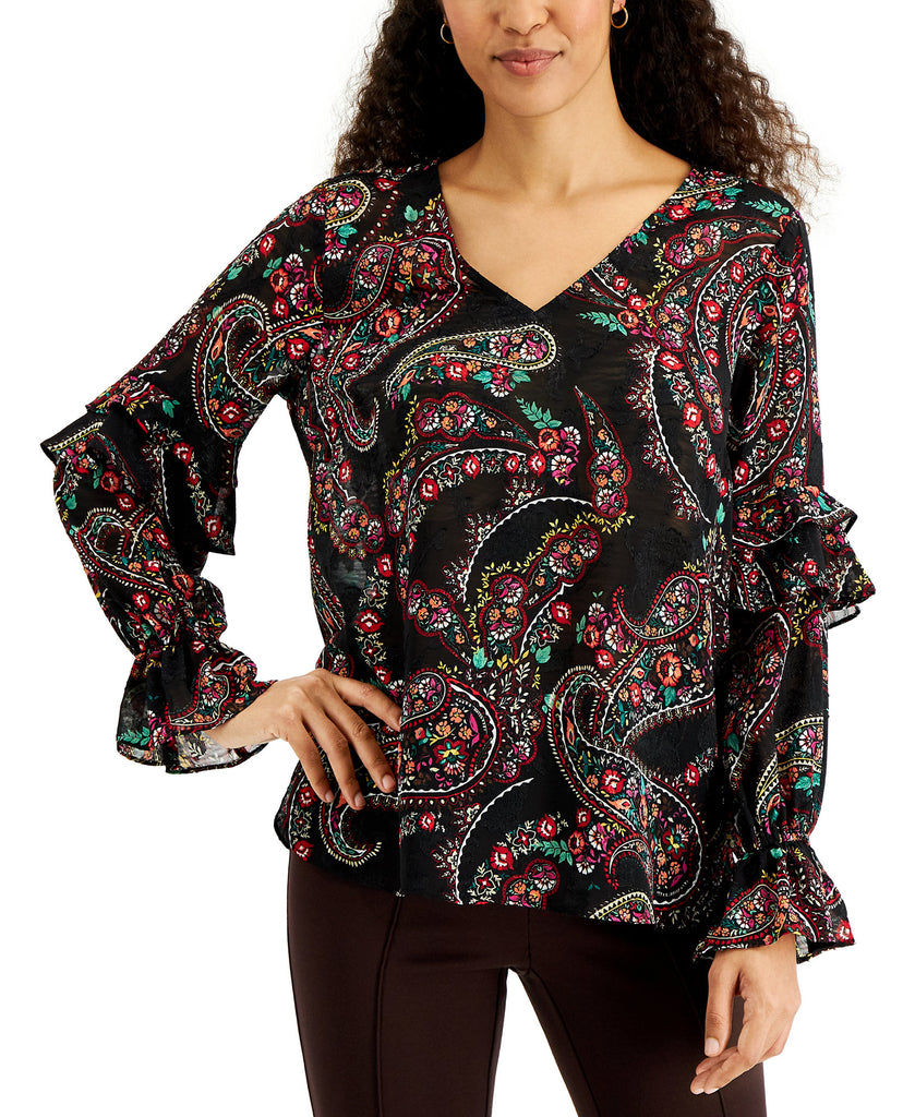 JM Collection Women Paisley Print Ruffled Sleeve Top Deep Black Combo