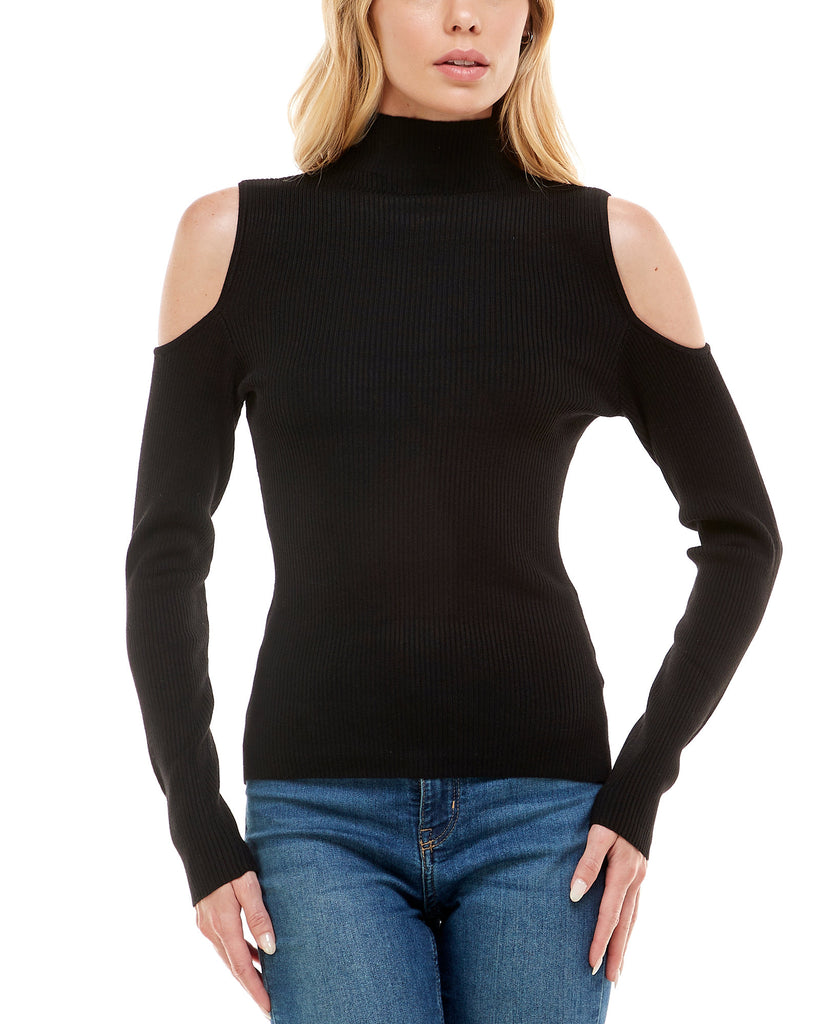 Crave Fame Women Cold Shoulder Mock Neck Sweater Black