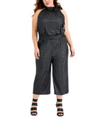 MICHAEL Michael Kors Women Plus Tie Neck Dot Print Jumpsuit Black Silver