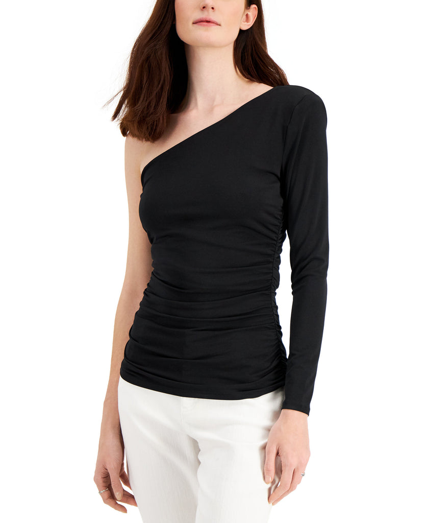 INC International Concepts Women Ruched One Shoulder Top Deep Black