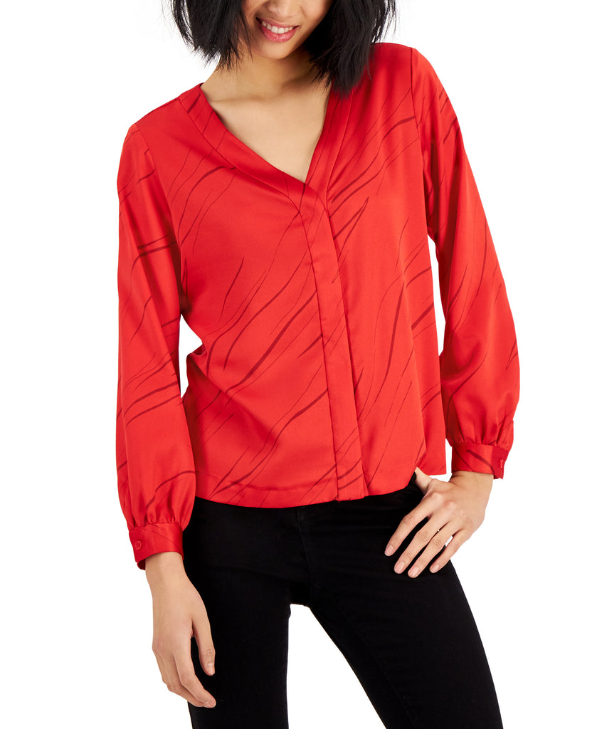 Alfani Women Petite Blouson Sleeve Hidden Placket Blouse Red Line Breeze