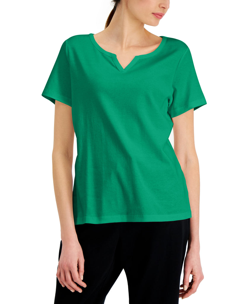 Karen Scott Women Cotton Split Neck Top Green Verde