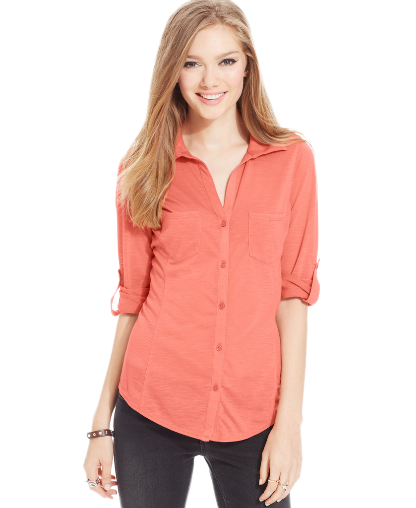 Almost Famous Juniors Ribbed Panel Button Down Top Bright Coral