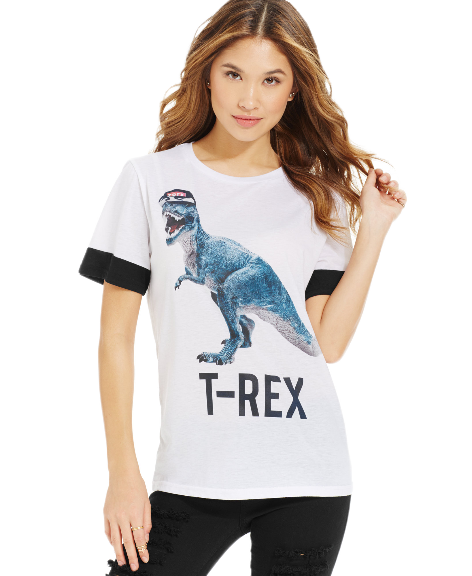 Ntd Juniors T Rex Contrast Sleeve Tee White Black