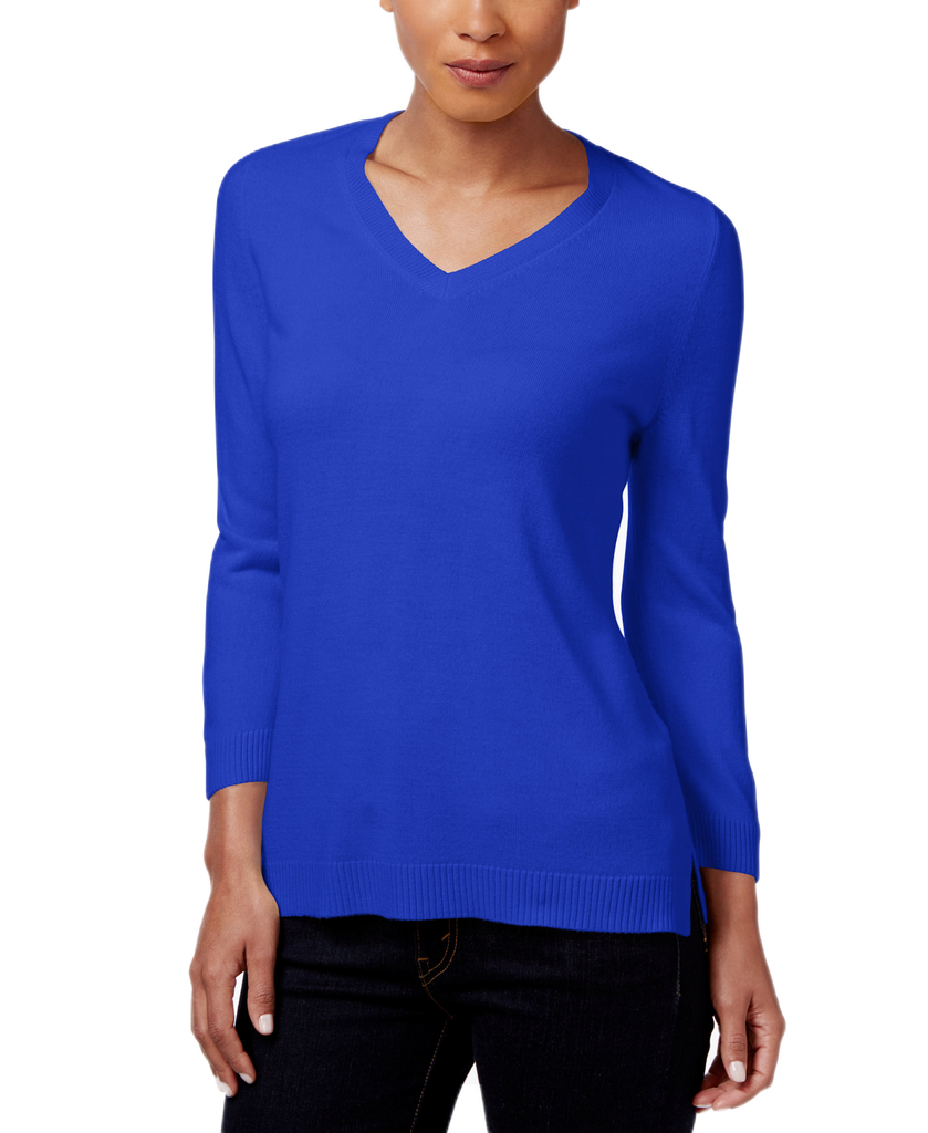 Karen Scott Women Luxsoft V Neck Sweater Deep Pacific