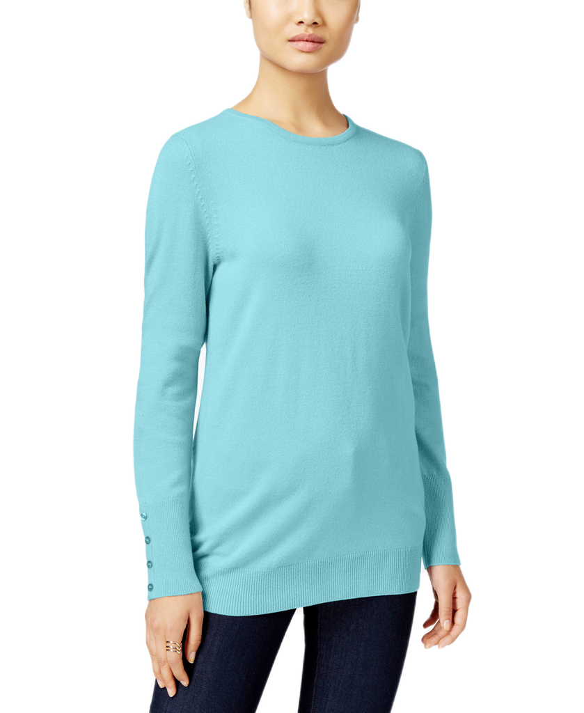 JM Collection Women Crew Neck Button Cuff Sweater Angel Blue