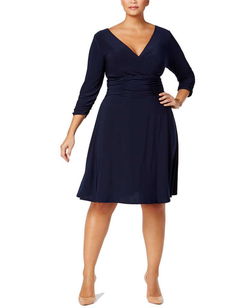 NY Collection Women Plus Ruched A Line Dress Navy