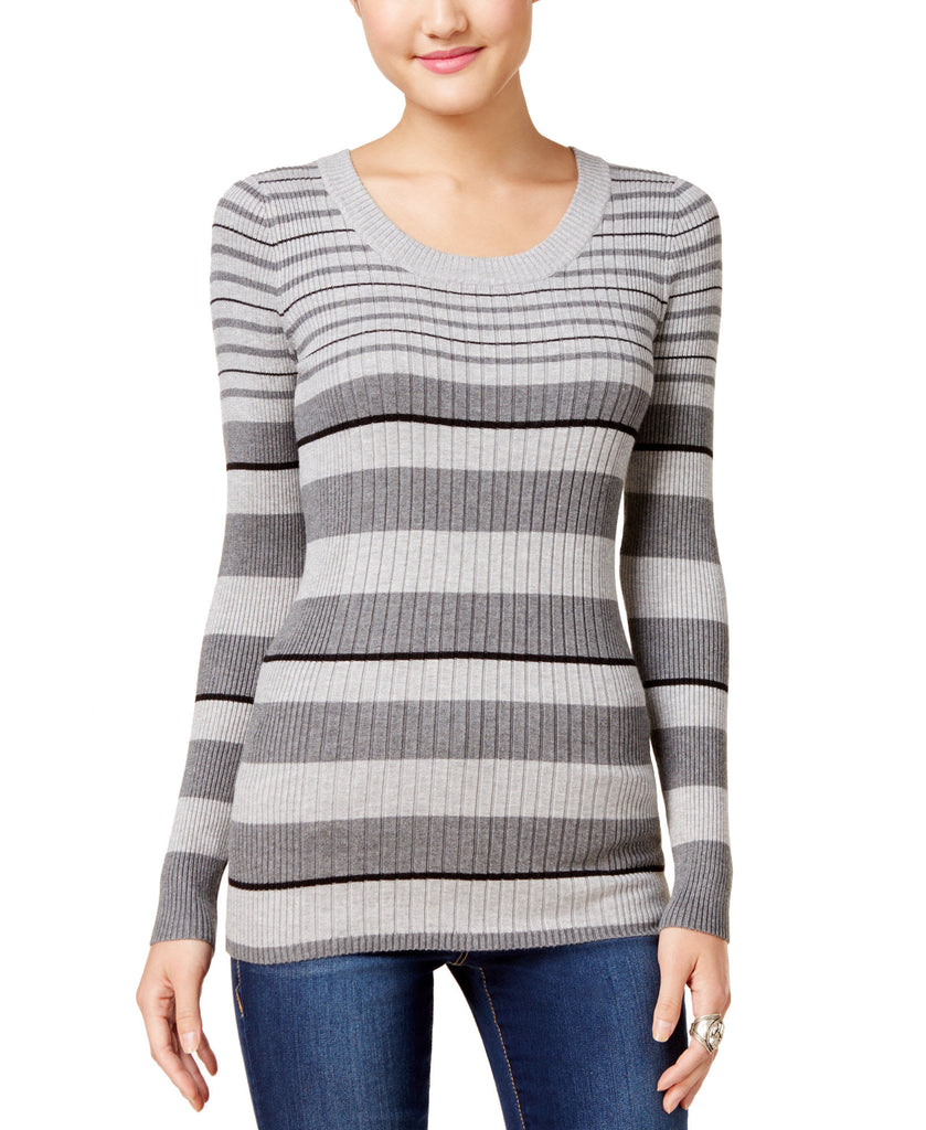 Pink Rose Women Striped Scoop Neck Fine Gauge Sweater Medium Heather Grey Black