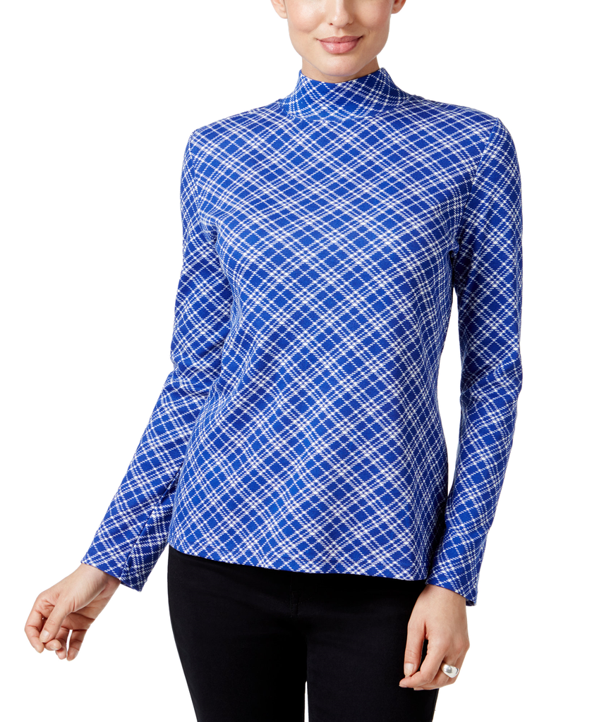 Karen Scott Women Plaid Mock Neck Top Bright Blue