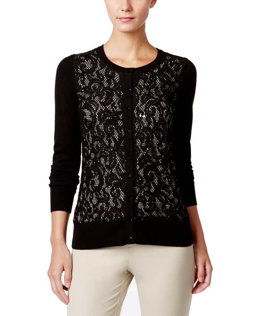 Charter Club Women Sequined Lace Cardigan Deep Black Combo