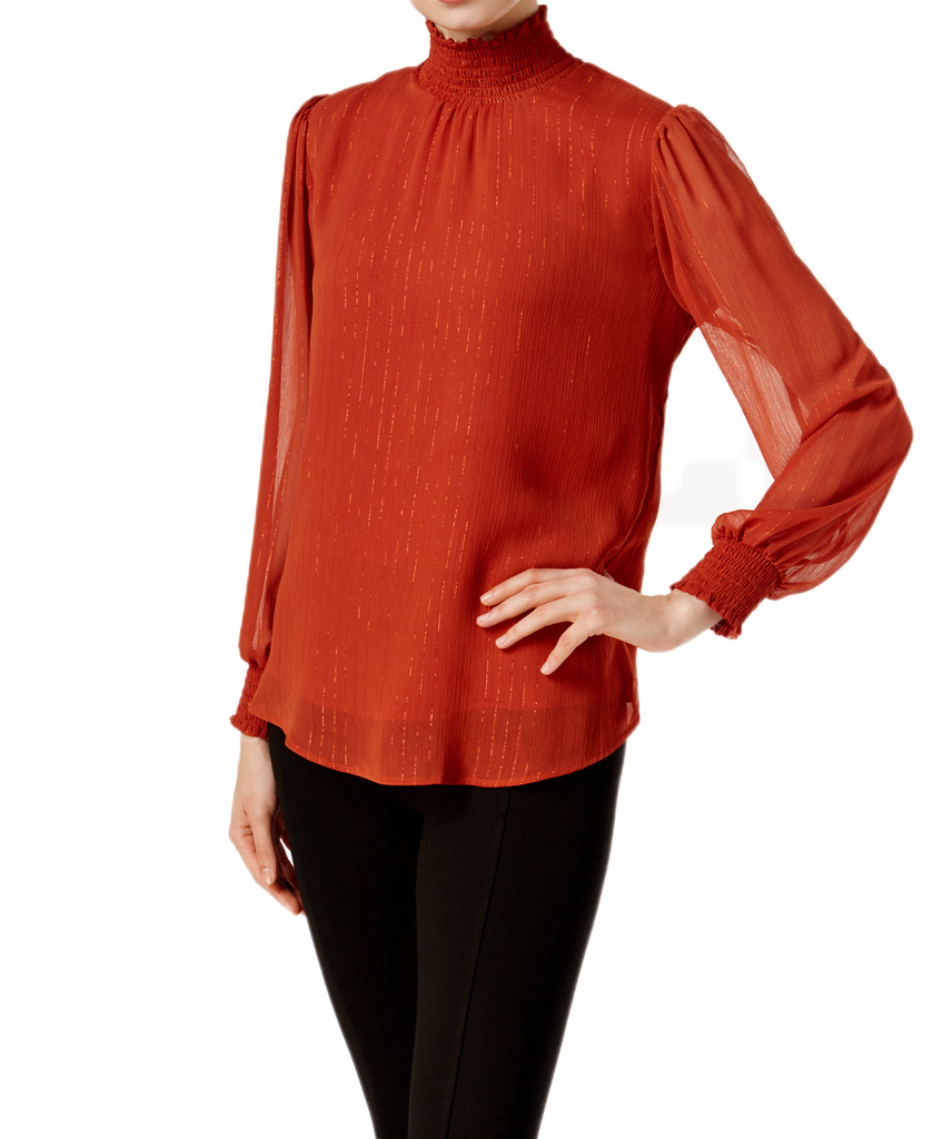 NY Collection Women Metallic Detail Turtleneck Blouse Gingerbread