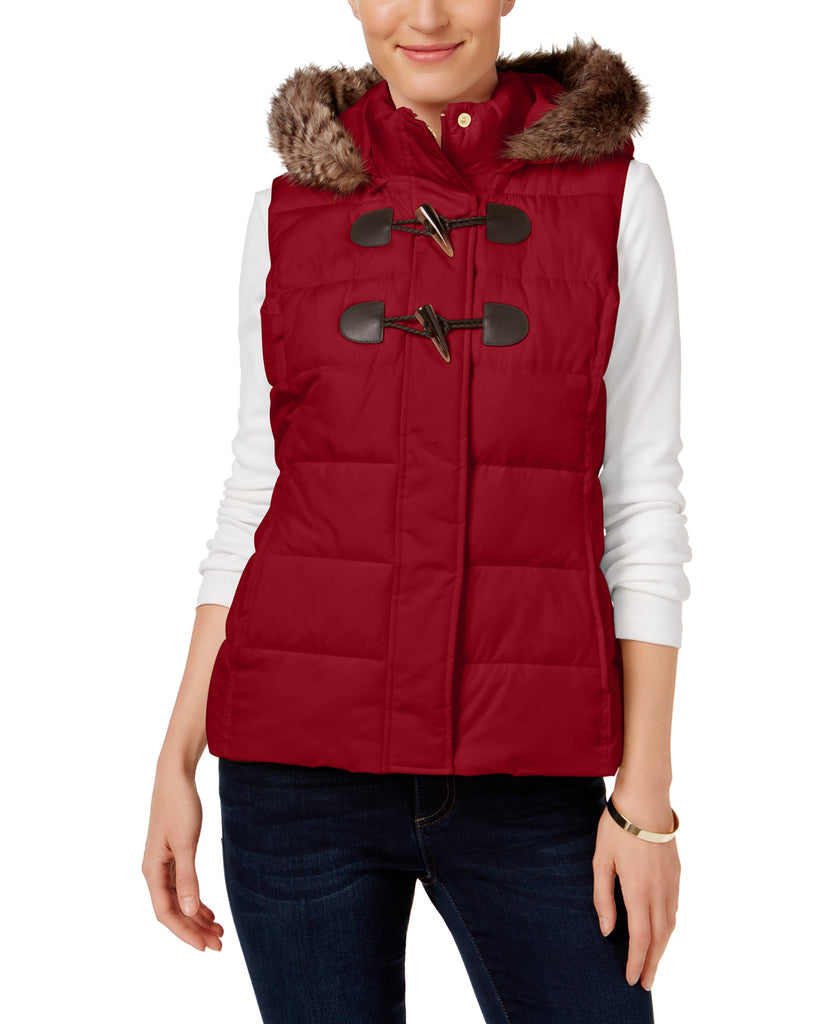 Charter Club Women Faux Fur Trim Puffer Vest New Red Amore