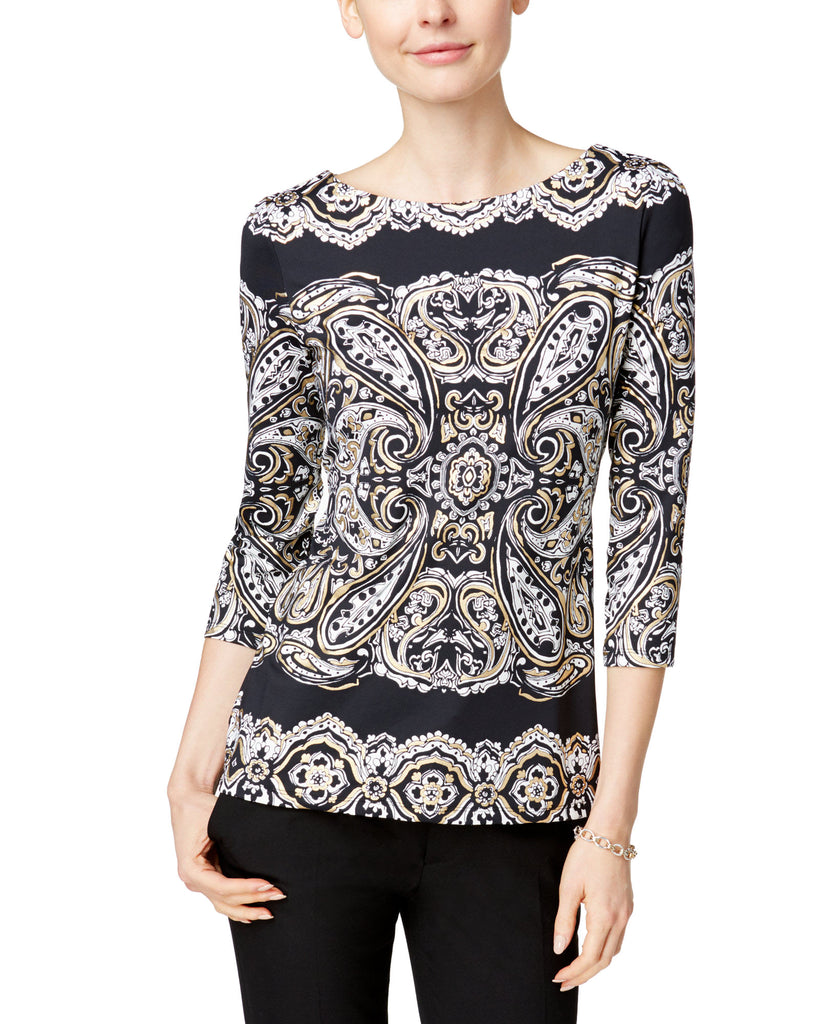 Charter Club Women Printed Boat Neck Top Deep Black Combo