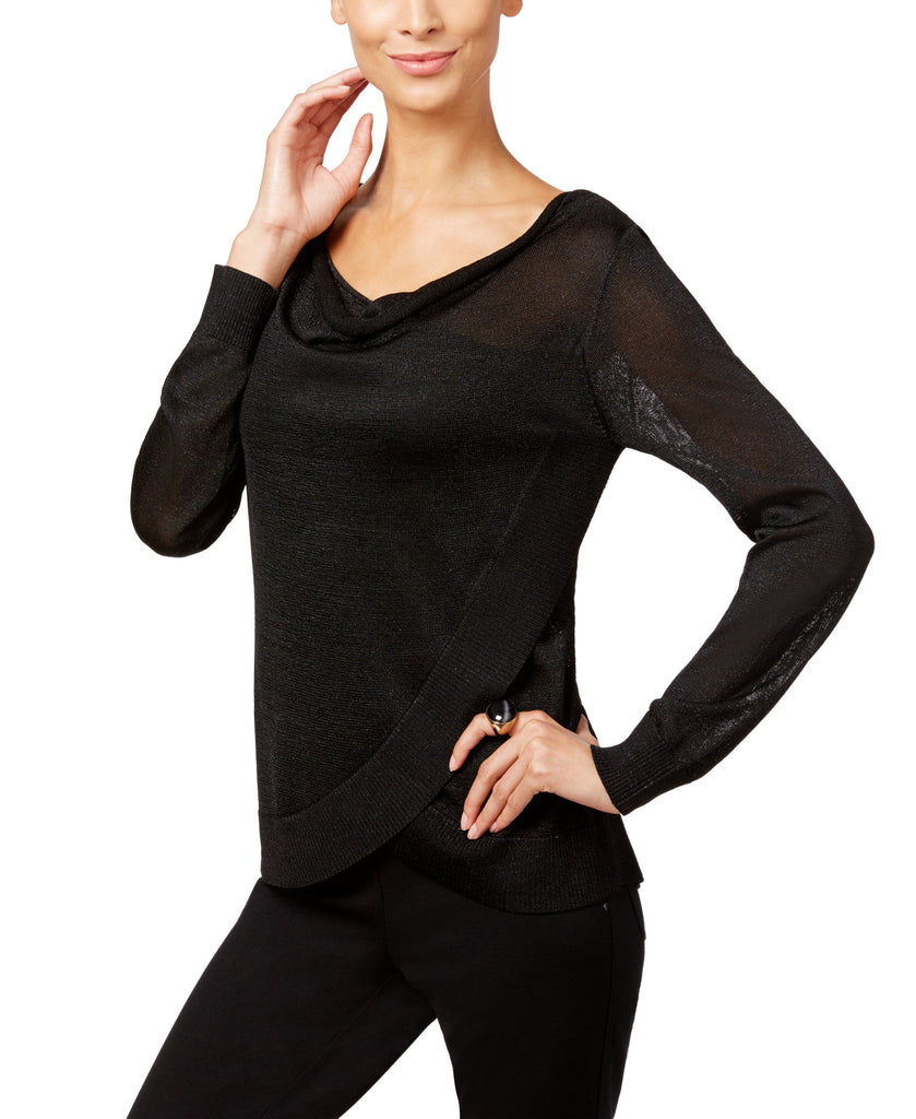 INC International Concepts Women Draped Metallic Sweater Deep Black