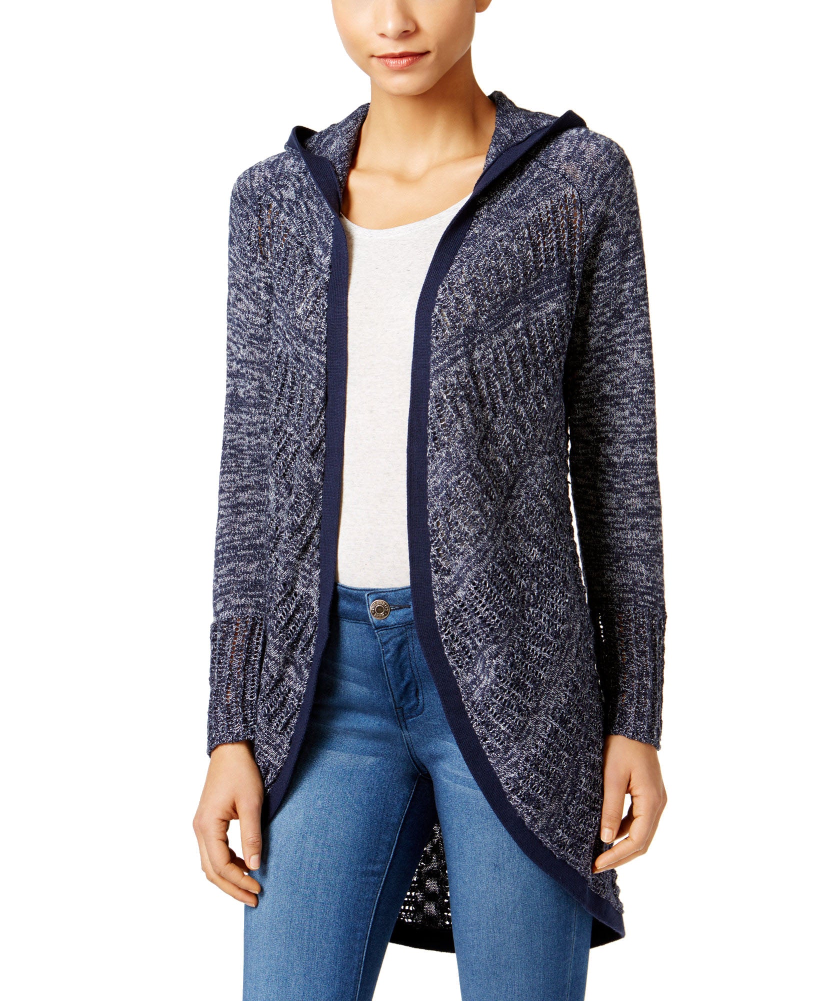 Style & Co Women Pointelle Hooded Cardigan Industrial Blue
