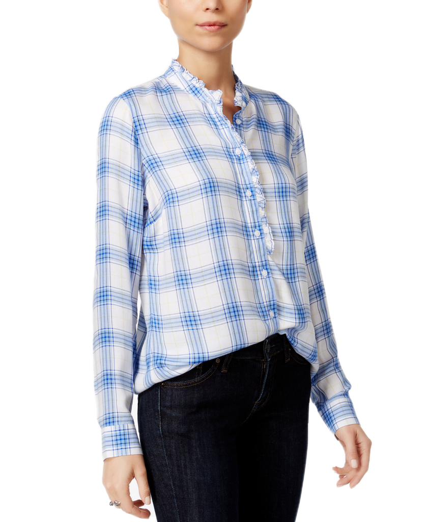 Maison Jules Women Ruffled Plaid Shirt Cobalt Glaze Combo