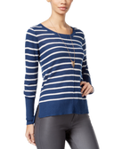 Hippie Rose Women Braided Back Striped Sweater Bandana Blue Ivory