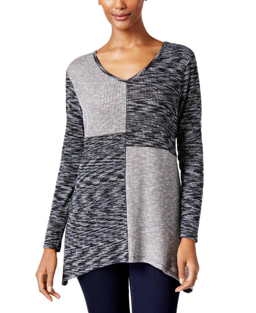 Style & Co Women Colorblocked Knit Top Black Marled Colorblock