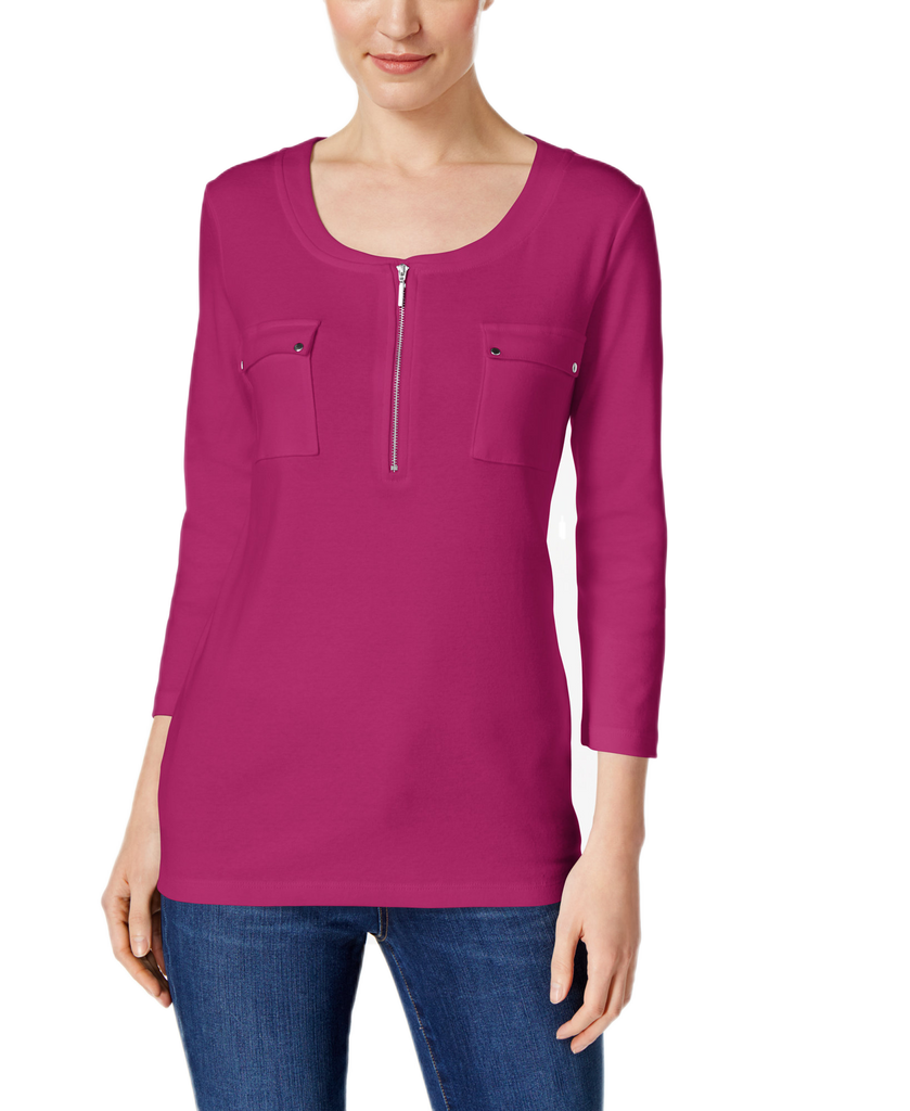 Karen Scott Women Pocketed Zip Neck Top Wild Punch